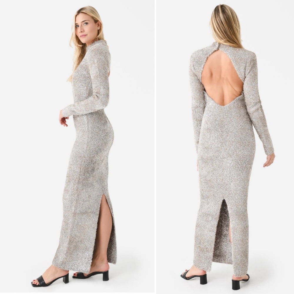ROTATE Birger Christensen Glitter Eyelash Tinsel Metallic Open Back Maxi Dress
